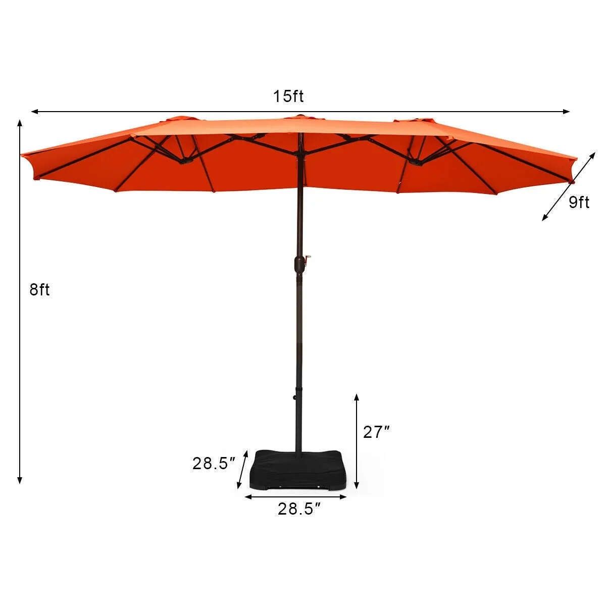 15 Ft. Extra Large Patio Double Sided Umbrella with Crank and Base - Orange