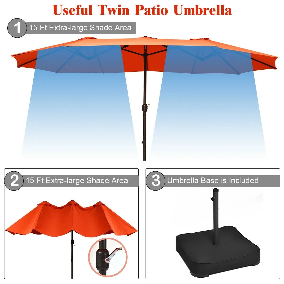 15 Ft. Extra Large Patio Double Sided Umbrella with Crank and Base - Orange