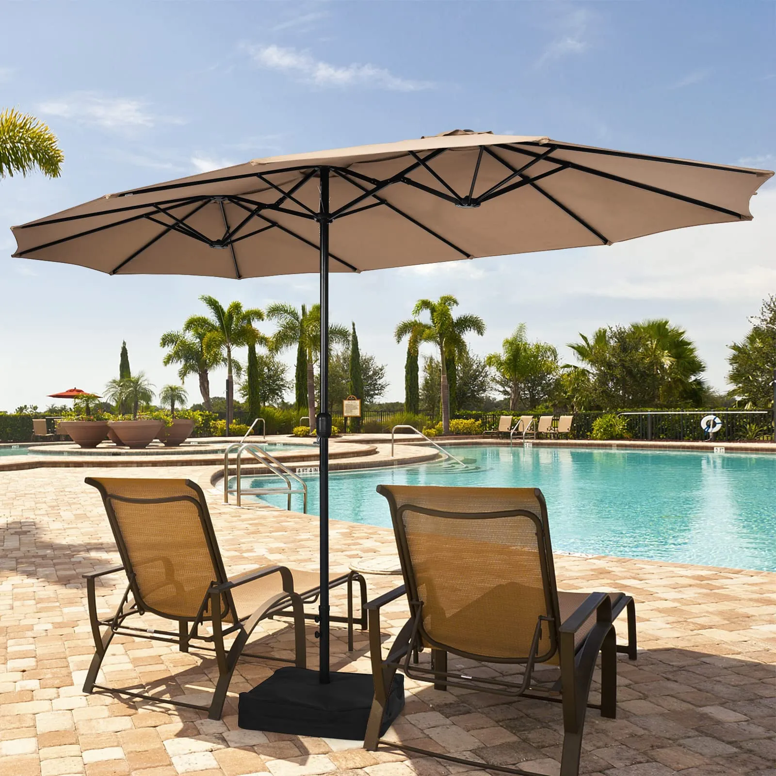 15FT Double-Sided Patio Umbrella with Base, Extra-Large Market Umbrella W/Crank System