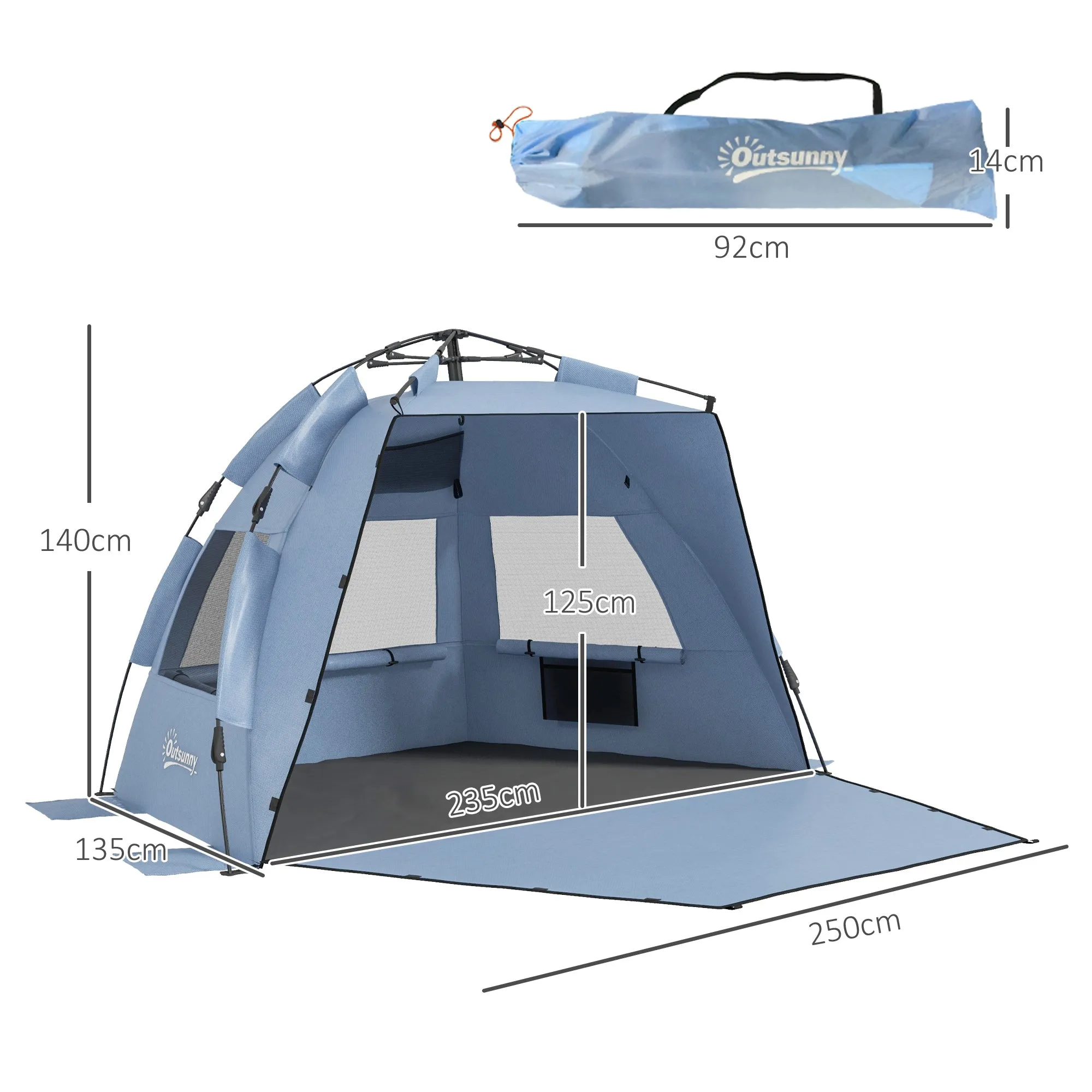 2-3 Person Pop Up Beach Tent, UPF15  Sun Shelter with Extended Floor, Sandbags, Mesh Windows and Carry Bag, Blue