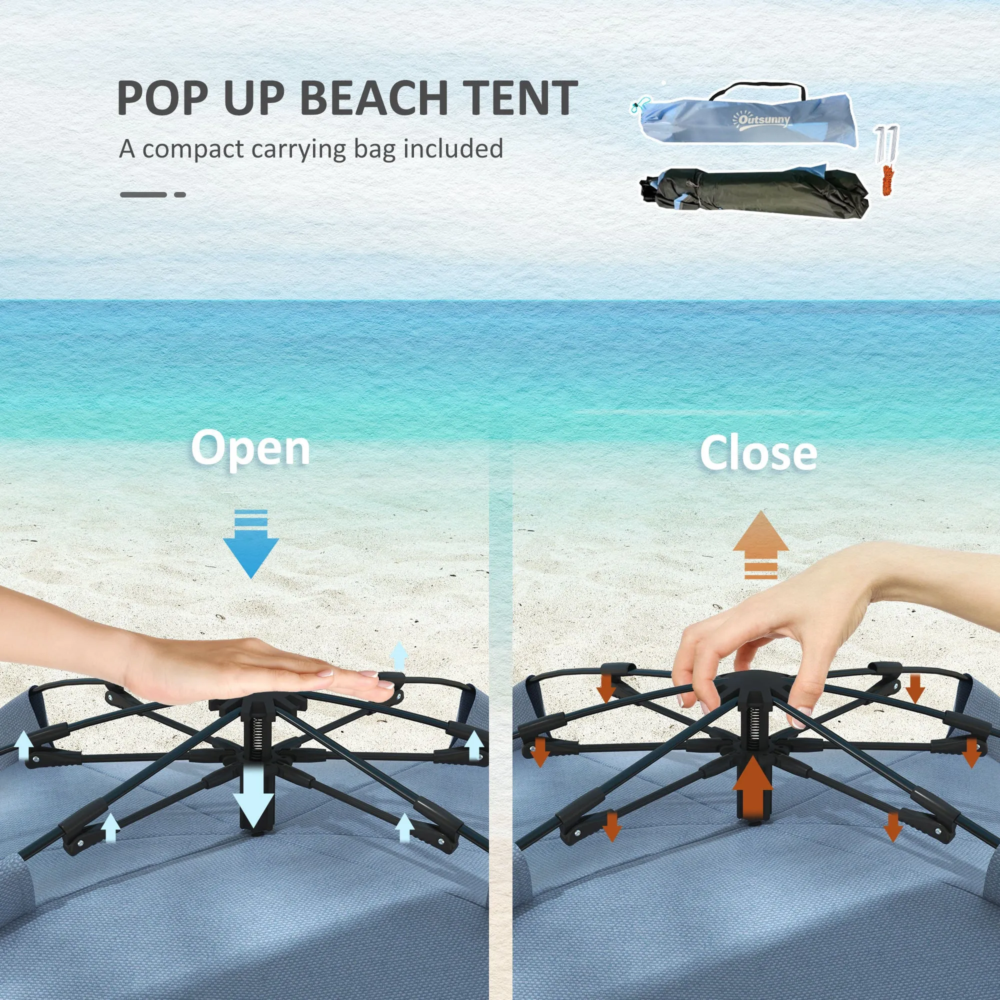 2-3 Person Pop Up Beach Tent, UPF15  Sun Shelter with Extended Floor, Sandbags, Mesh Windows and Carry Bag, Blue