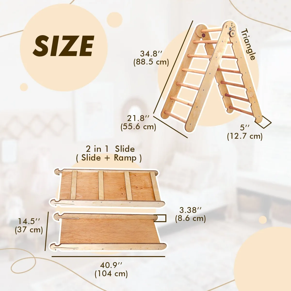 2in1 Montessori Climbing Set: Triangle Ladder   Slide Board/Ramp – Beige