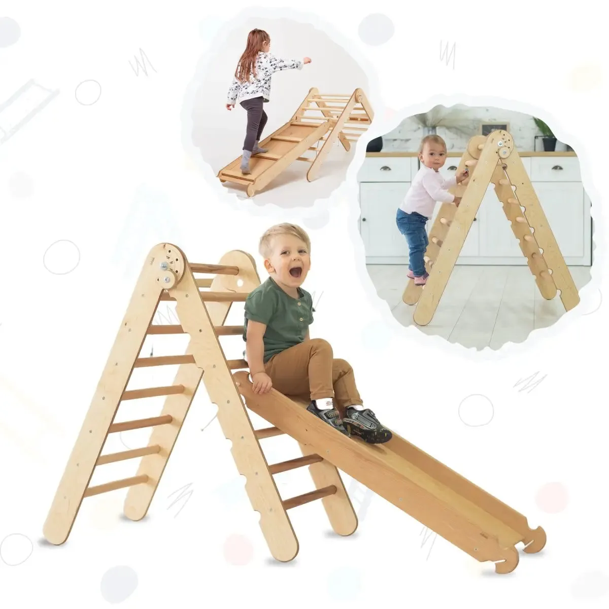 2in1 Montessori Climbing Set: Triangle Ladder   Slide Board/Ramp – Beige