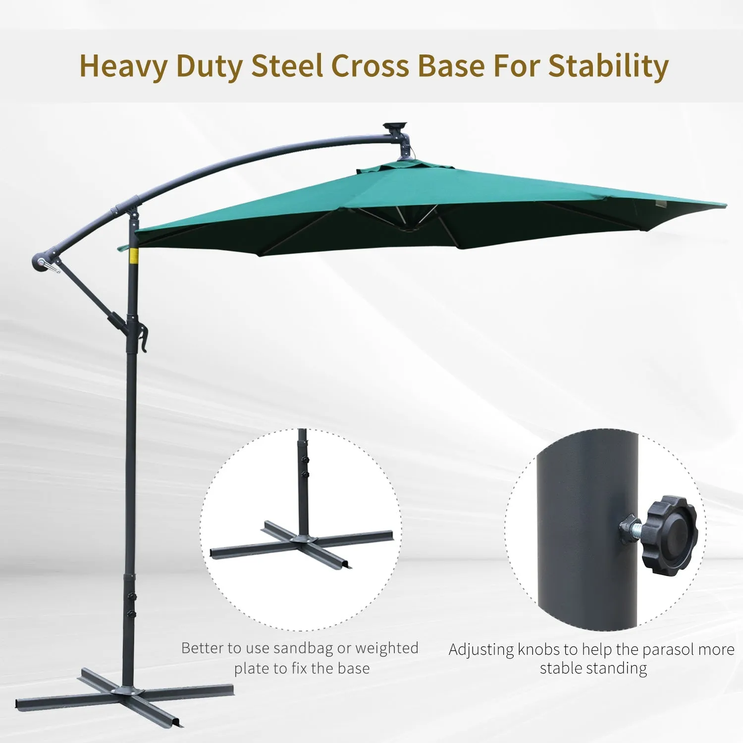 3m LED Cantilever Patio Banana Parasol w/ Crank Cross Base Hanging Offset Umbrella Frame Steel Aluminium Garden Table Outdoor Green