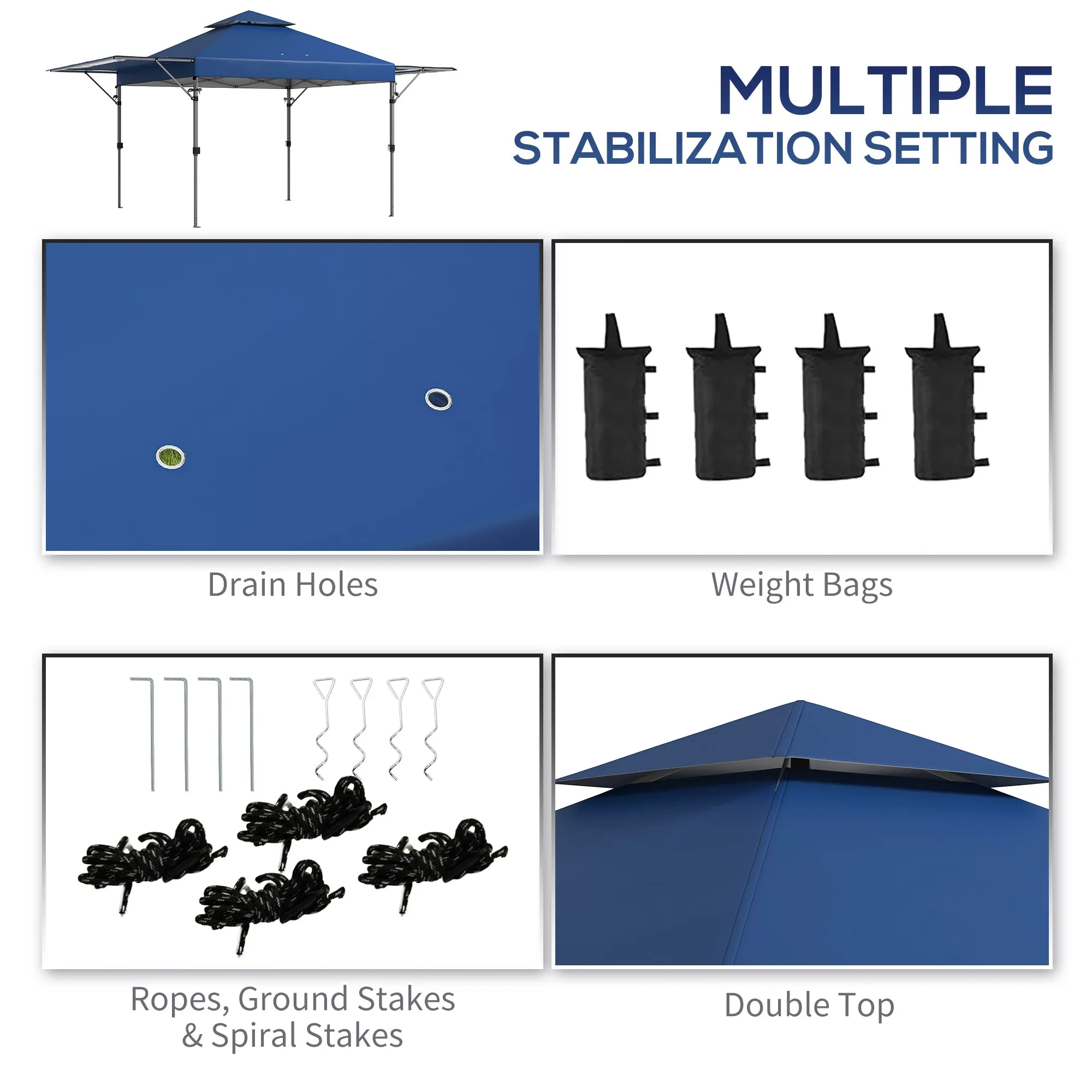 5 x 3(m) Pop Up Gazebo with Extend Dual Awnings, 1 Person Easy Up Marquee Party Tent With 1 Button Push Height Adjustable Instant Shelter - Blue