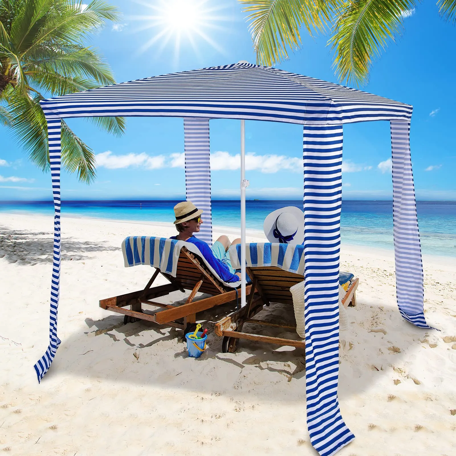 6.6' x 6.6' Foldable Beach Cabana, Easy Set-up Portable Beach Canopy w/ Carry Bag