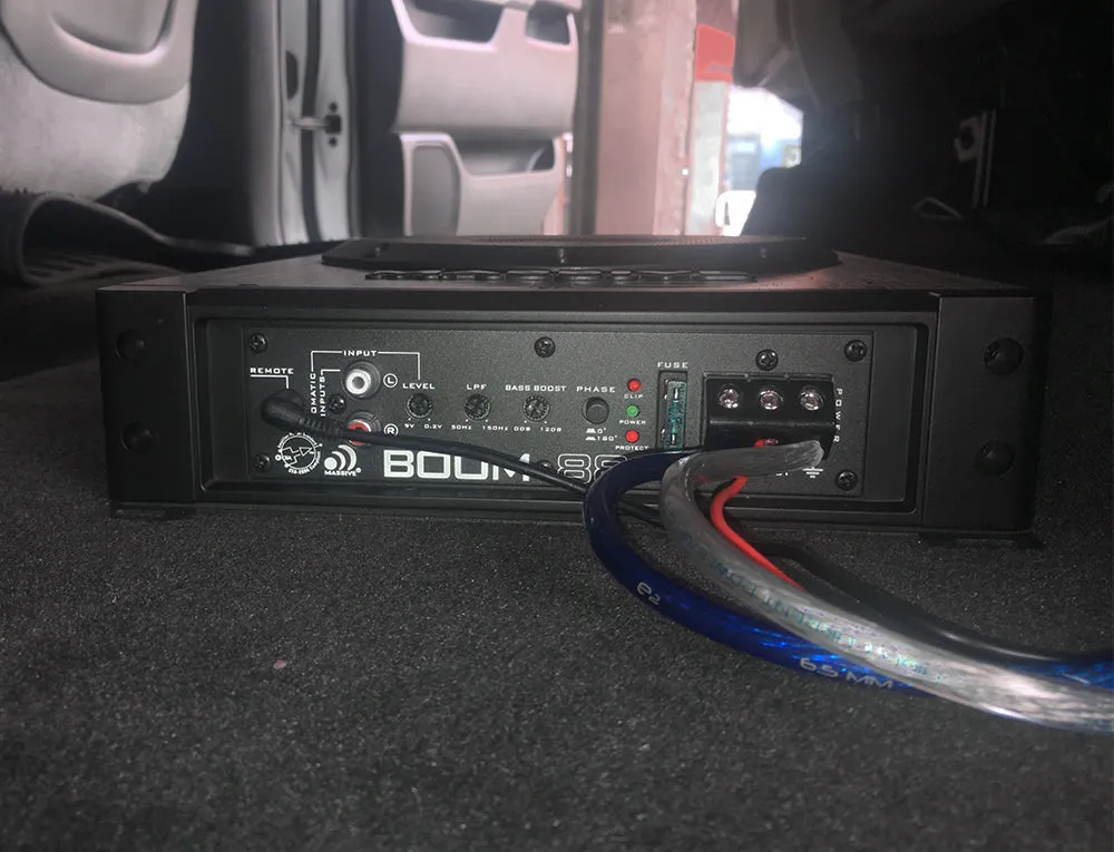 BOOM88 - 8" 200 Watts RMS Hideaway Under Seat Powered Subwoofer, Clip LED, Bass Boost, 180º Phase Shift