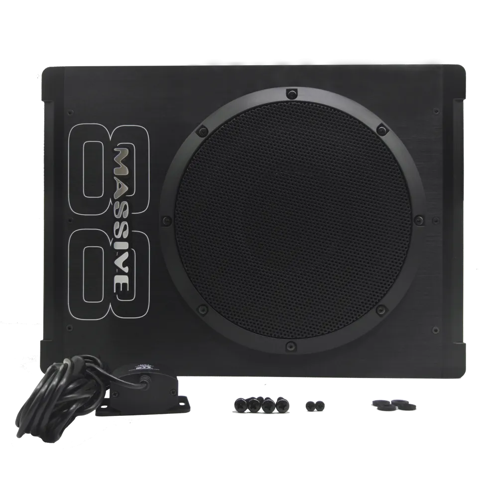 BOOM88 - 8" 200 Watts RMS Hideaway Under Seat Powered Subwoofer, Clip LED, Bass Boost, 180º Phase Shift