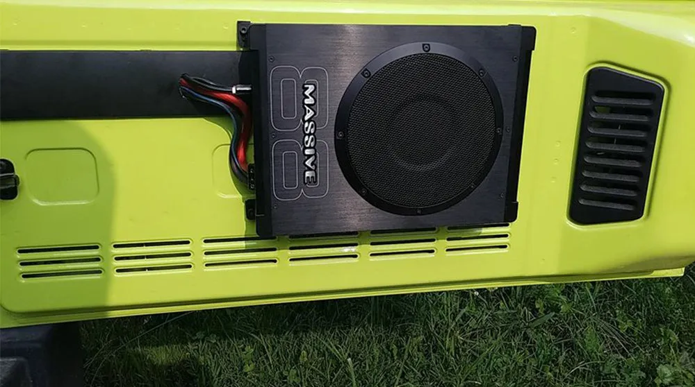 BOOM88 - 8" 200 Watts RMS Hideaway Under Seat Powered Subwoofer, Clip LED, Bass Boost, 180º Phase Shift