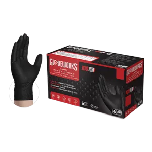 Gloveworks RDT Black Nitrile PF Ind XX-Large Gloves (XX-Large, Black)