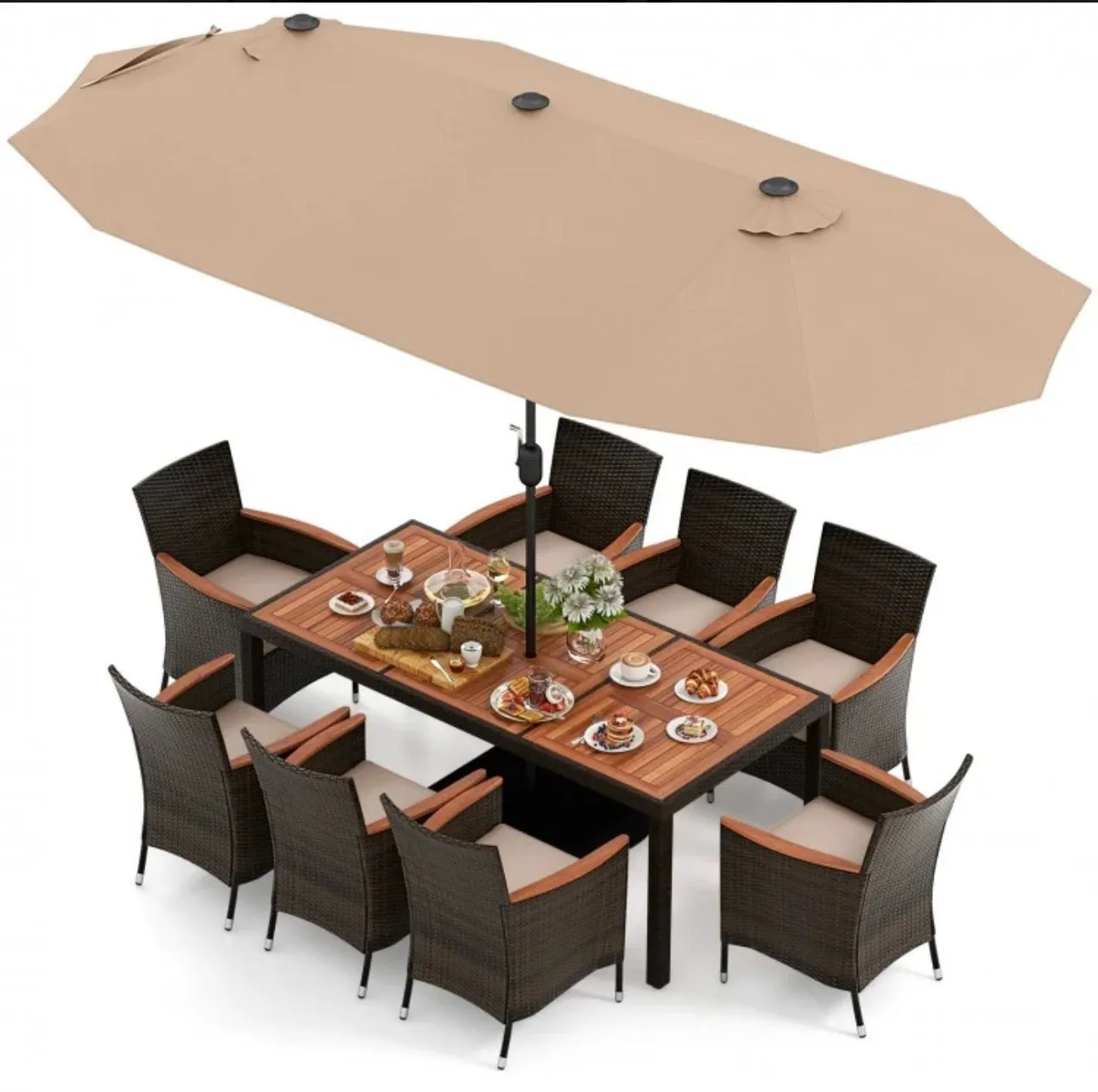 Heavy Duty Outdoor Patio 10-Piece Dining Set With 15 Feet Double-Sided Twin Patio Umbrella, Rustic Acadia Wood, Wicker, Rattan, Very Comfortable