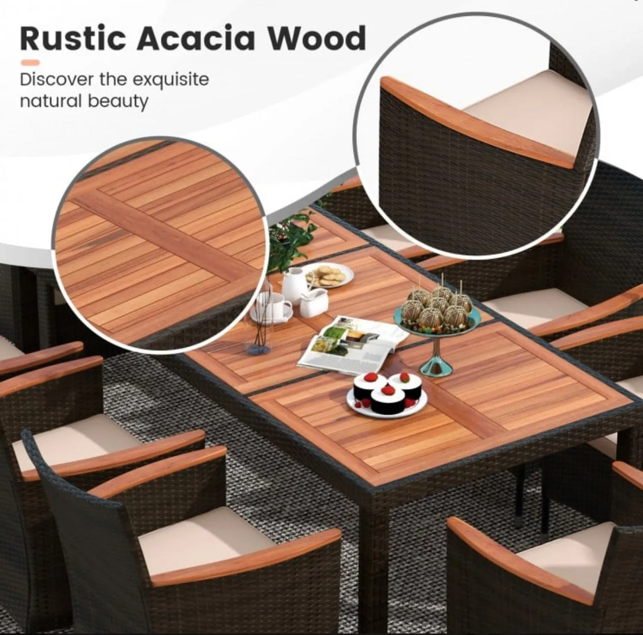 Heavy Duty Outdoor Patio 10-Piece Dining Set With 15 Feet Double-Sided Twin Patio Umbrella, Rustic Acadia Wood, Wicker, Rattan, Very Comfortable