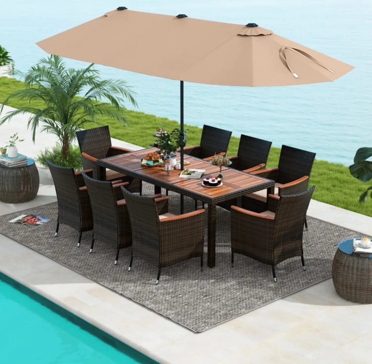 Heavy Duty Outdoor Patio 10-Piece Dining Set With 15 Feet Double-Sided Twin Patio Umbrella, Rustic Acadia Wood, Wicker, Rattan, Very Comfortable