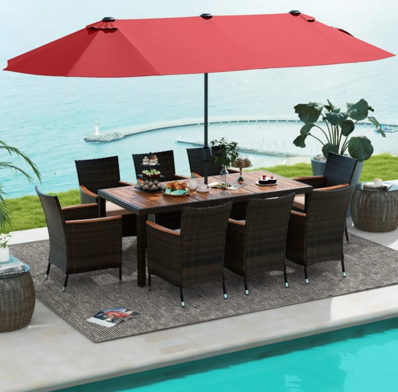 Heavy Duty Outdoor Patio 10-Piece Dining Set With 15 Feet Double-Sided Twin Patio Umbrella, Rustic Acadia Wood, Wicker, Rattan, Very Comfortable