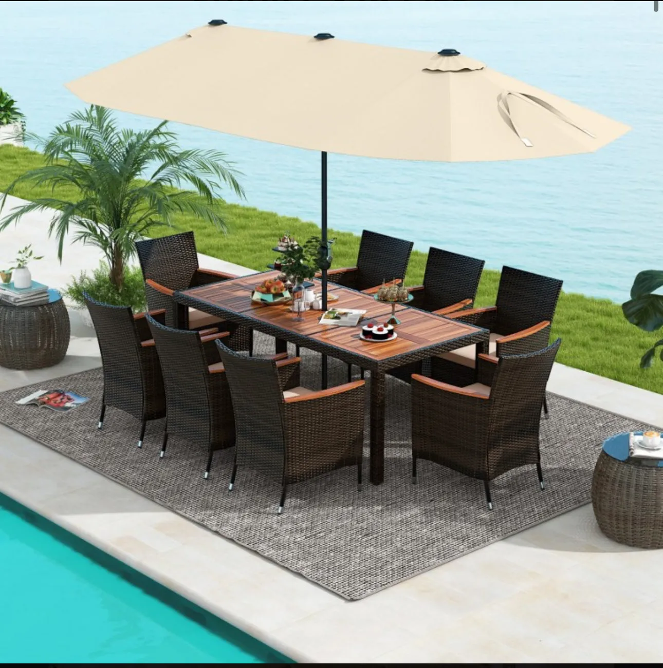 Heavy Duty Outdoor Patio 10-Piece Dining Set With 15 Feet Double-Sided Twin Patio Umbrella, Rustic Acadia Wood, Wicker, Rattan, Very Comfortable