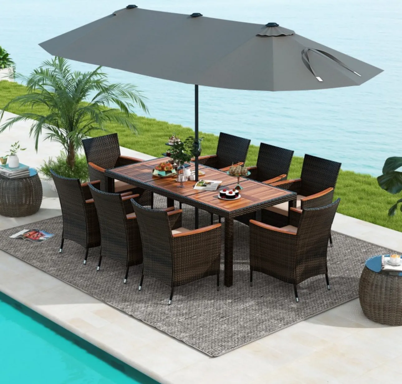 Heavy Duty Outdoor Patio 10-Piece Dining Set With 15 Feet Double-Sided Twin Patio Umbrella, Rustic Acadia Wood, Wicker, Rattan, Very Comfortable