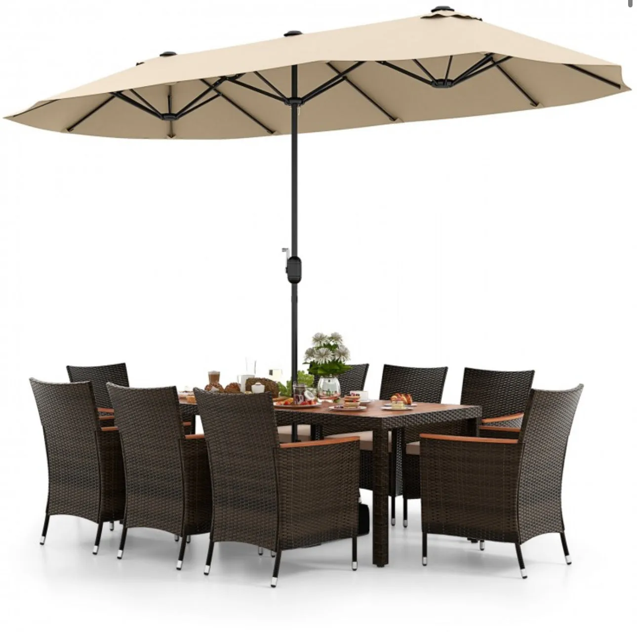 Heavy Duty Outdoor Patio 10-Piece Dining Set With 15 Feet Double-Sided Twin Patio Umbrella, Rustic Acadia Wood, Wicker, Rattan, Very Comfortable