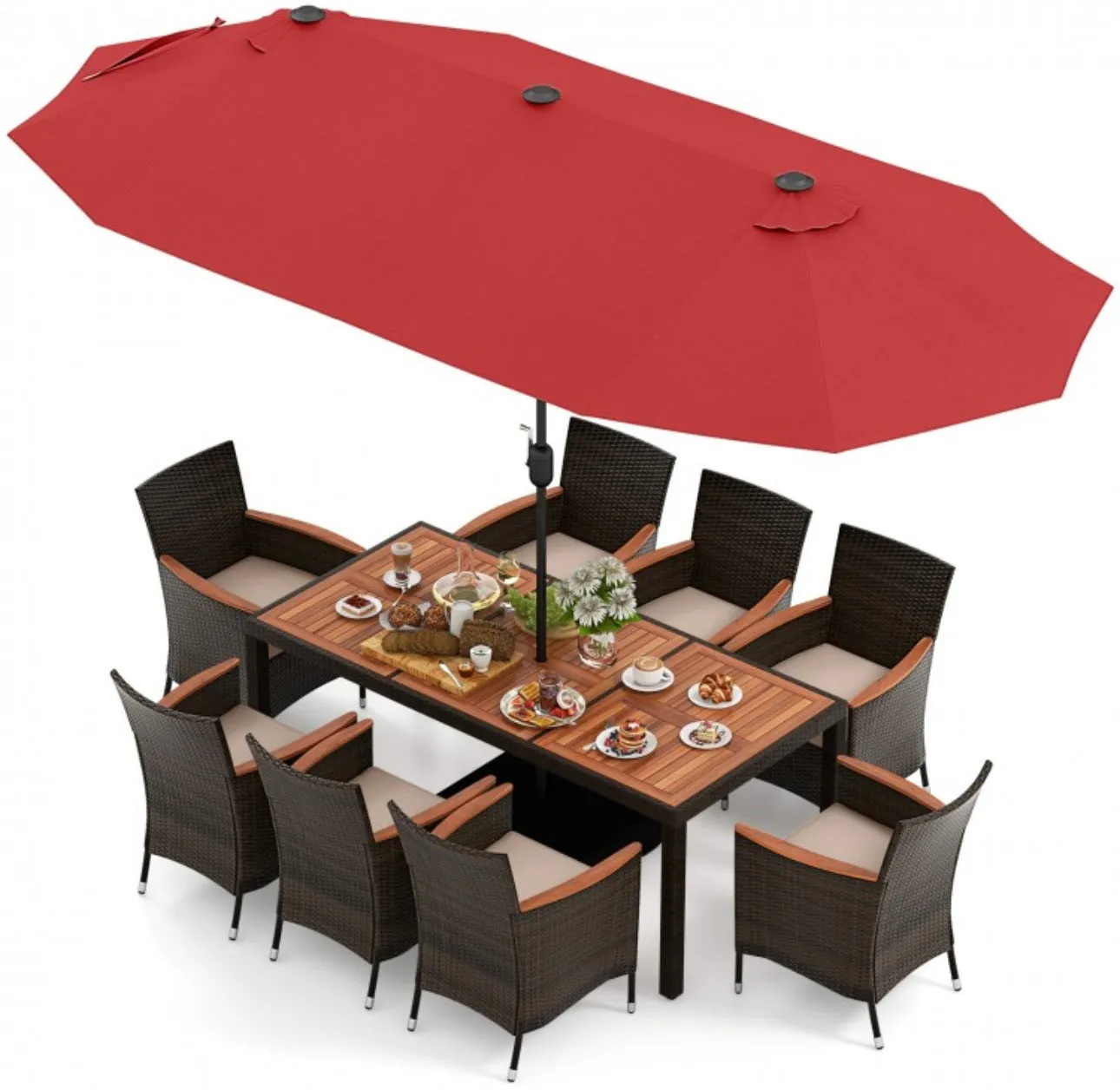 Heavy Duty Outdoor Patio 10-Piece Dining Set With 15 Feet Double-Sided Twin Patio Umbrella, Rustic Acadia Wood, Wicker, Rattan, Very Comfortable