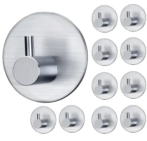 JIALTO 10 pcs Self-Adhesive Stainless Steel Hooks: Heavy-Duty Wall Hanging Solution Without Drilling - Waterproof Hooks for Bathroom and Kitchen Towels (Round Silver)