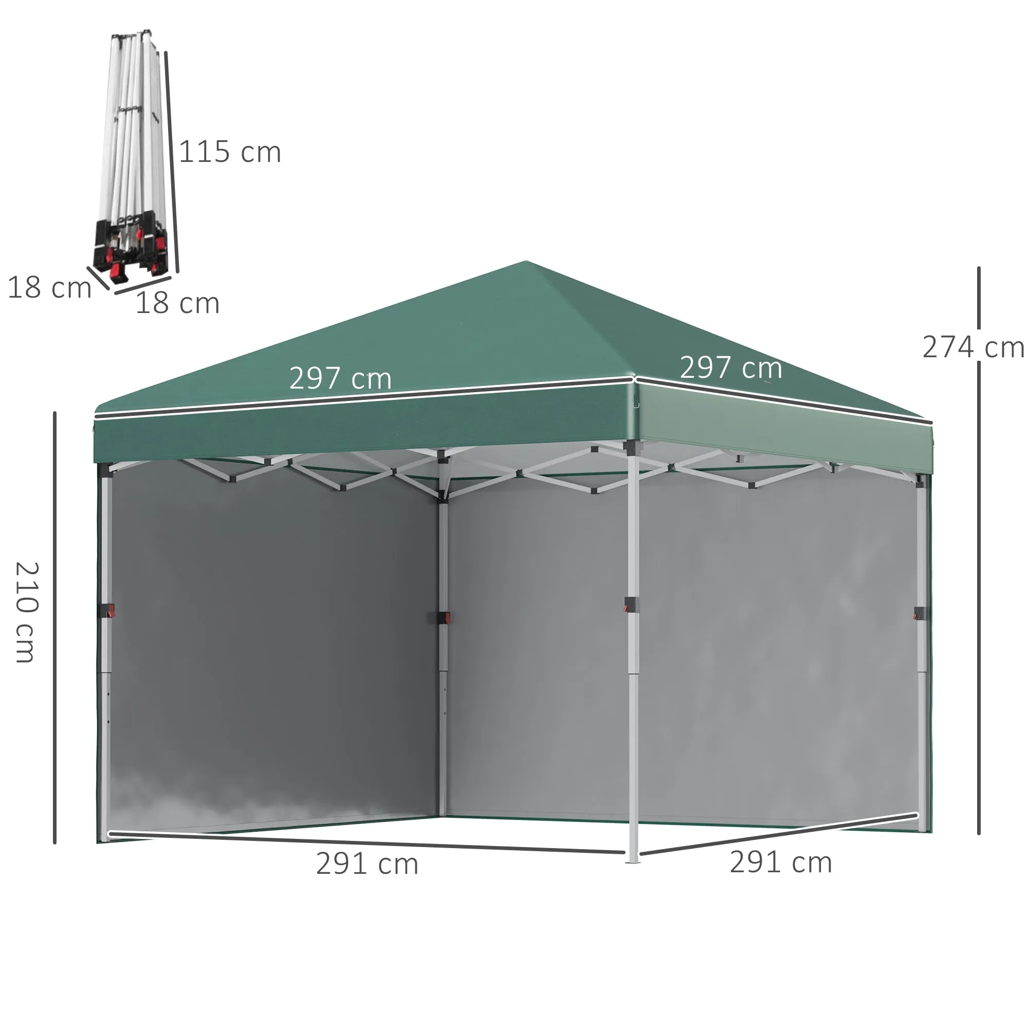 Outsunny 3 x 3 (M) Pop Up Gazebo with 2 Sidewalls, Leg Weight Bags and Carry Bag, Height Adjustable Party Tent Event Shelter for Garden, Patio, Green