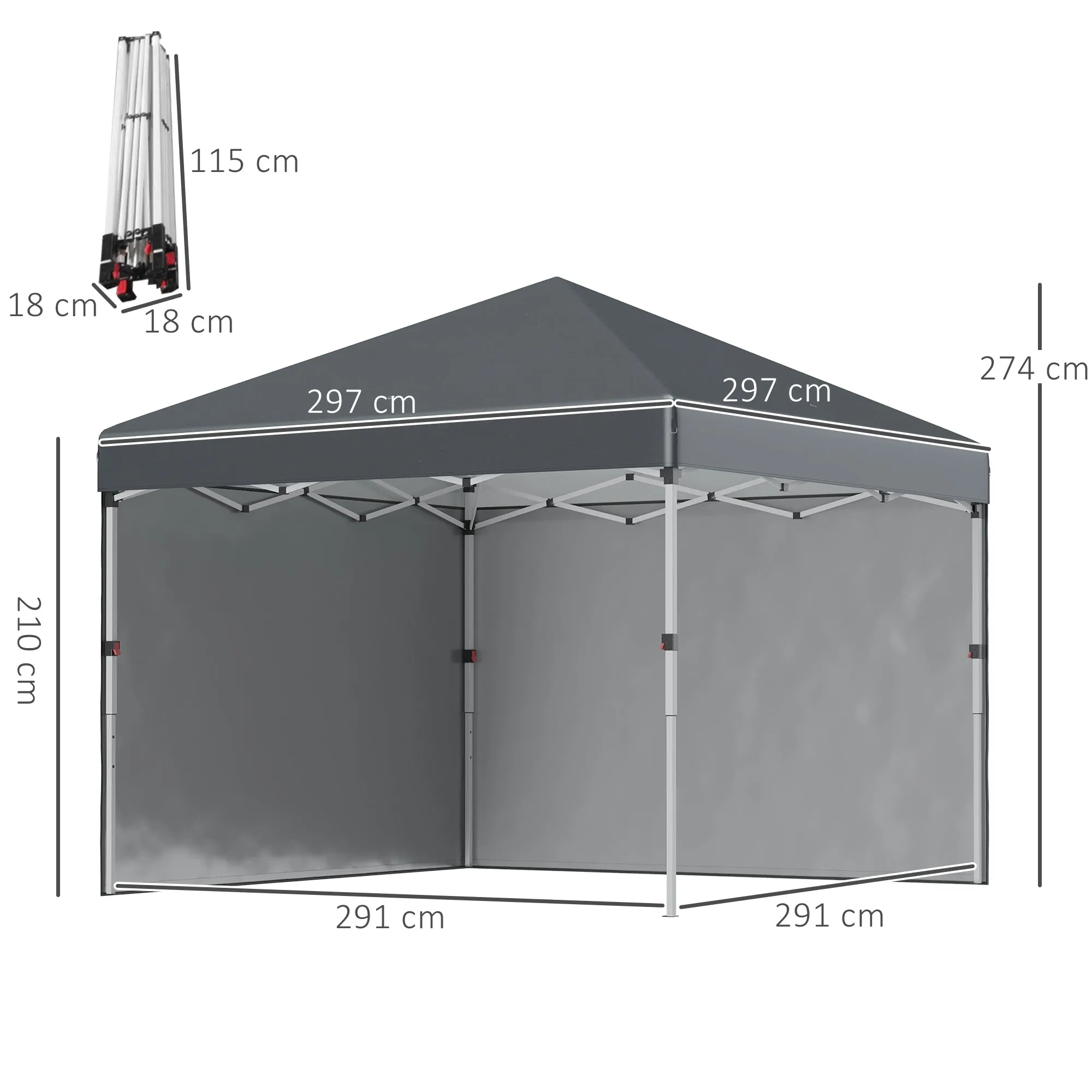 Outsunny 3 x 3 (M) Pop Up Gazebo with 2 Sidewalls, Leg Weight Bags and Carry Bag, Height Adjustable Party Tent Event Shelter for Garden, Patio, Grey