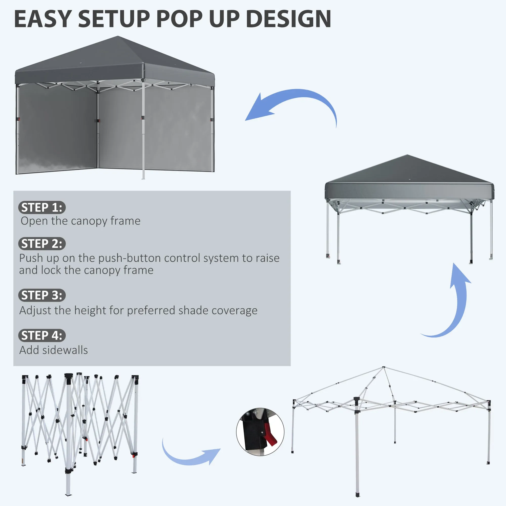 Outsunny 3 x 3 (M) Pop Up Gazebo with 2 Sidewalls, Leg Weight Bags and Carry Bag, Height Adjustable Party Tent Event Shelter for Garden, Patio, Grey