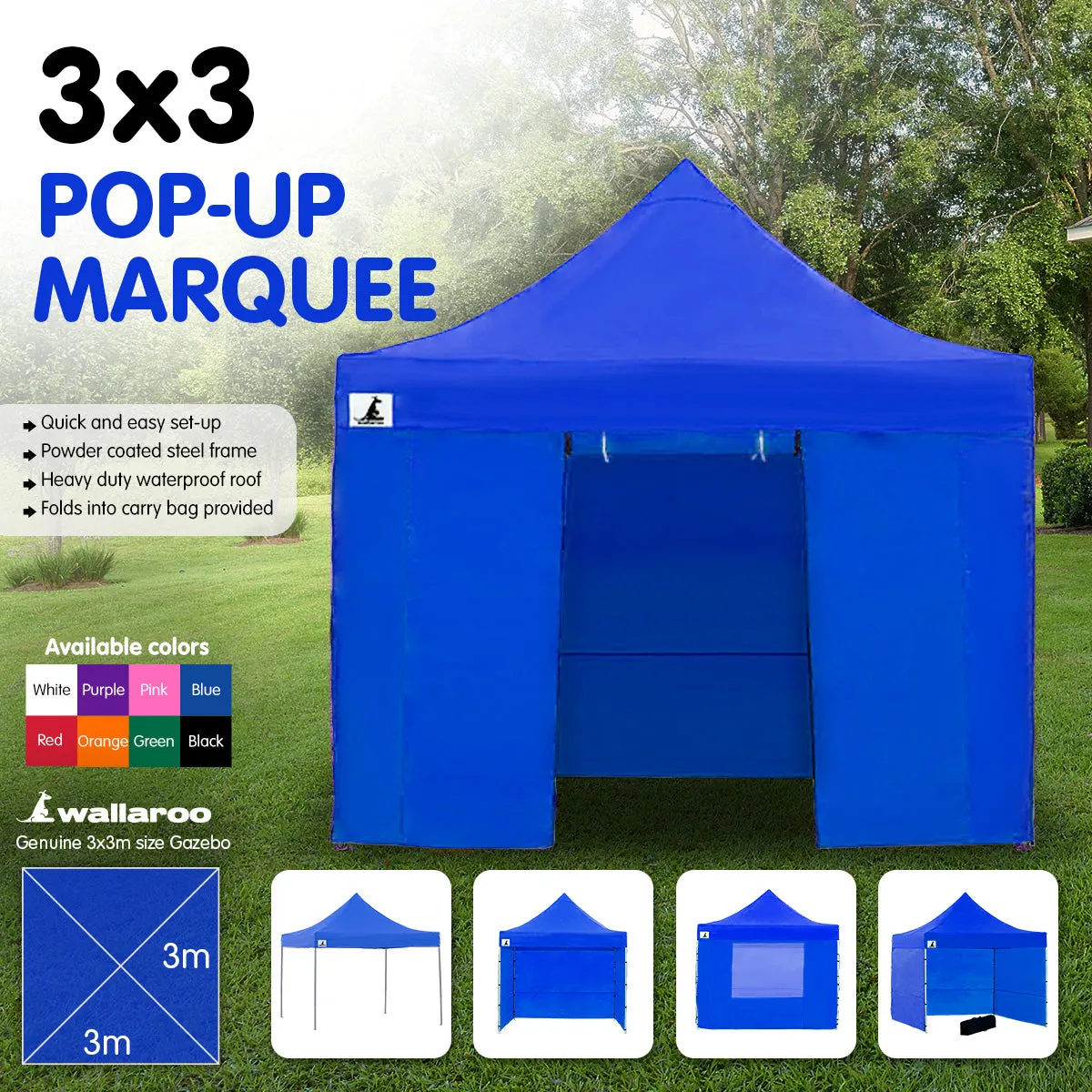 Quick Setup 3x3m Pop-Up Gazebo Tent - Blue, Wallaroo