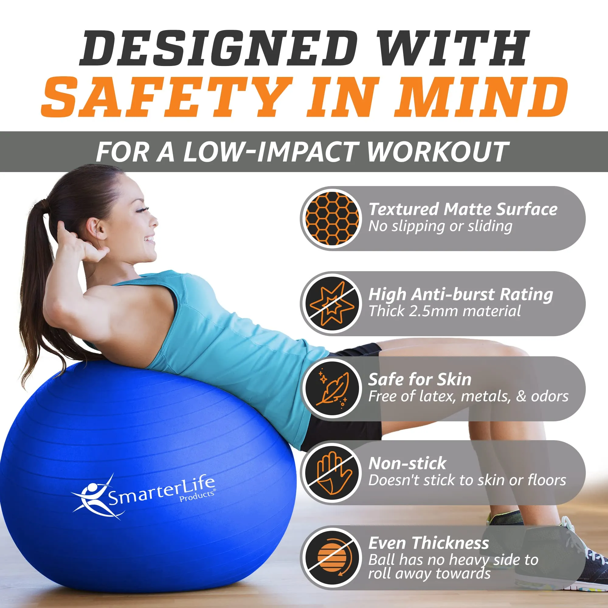 SmarterLife Workout Exercise Ball for Fitness Yoga Balance Stability Birthing Yoga Ball