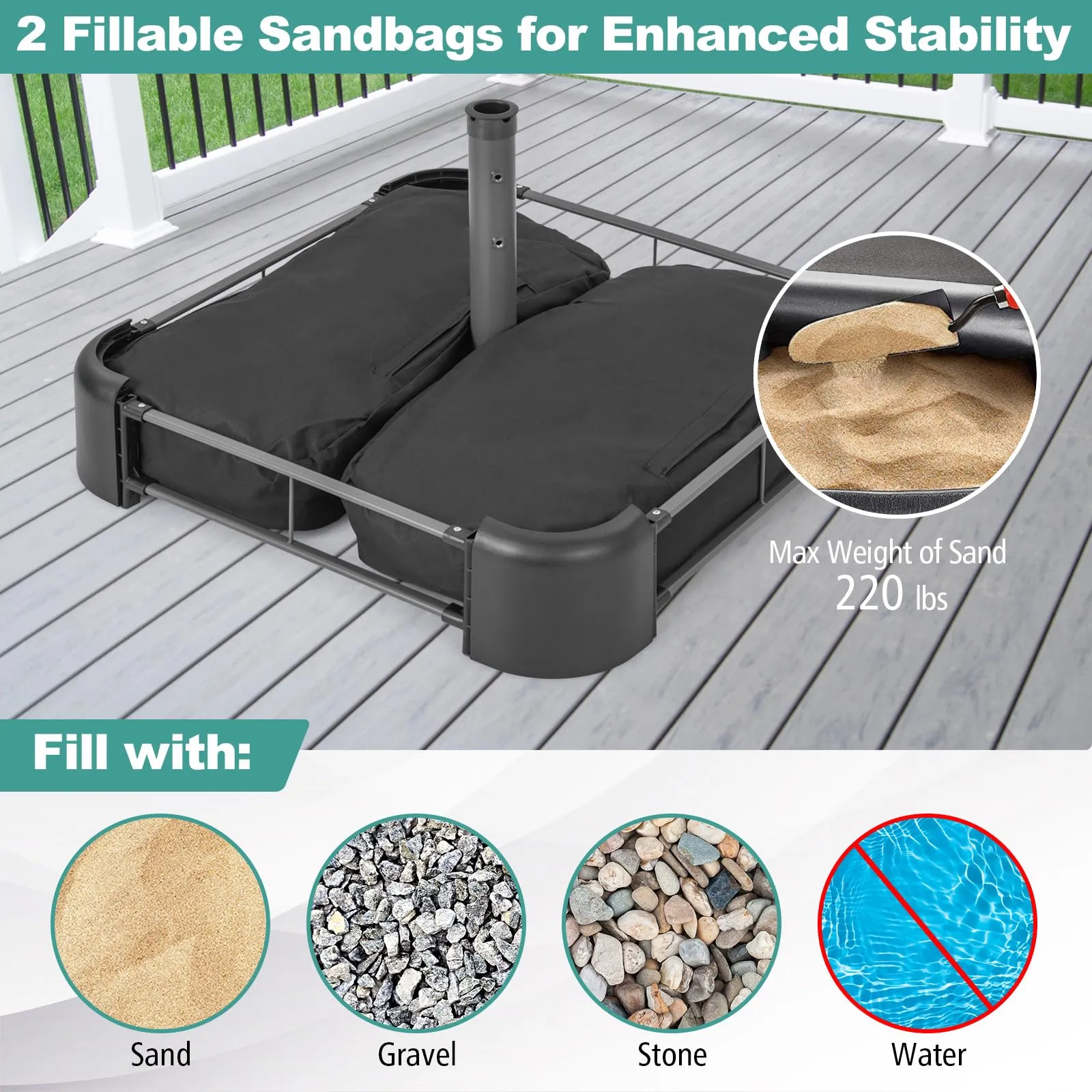 Tangkula Umbrella Base Stand with Sandbags, Heavy Duty Sand Filled Patio Umbrella Holder Base Stand (Stand Only)