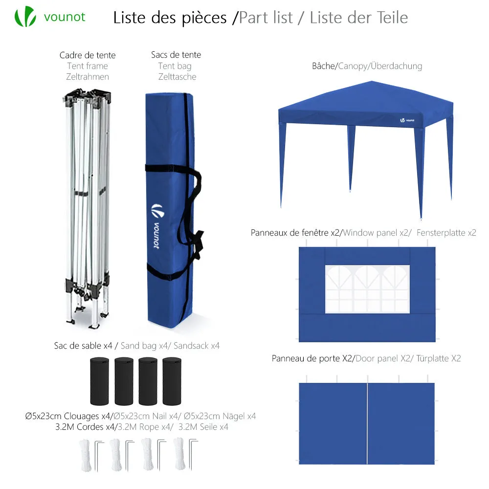 VOUNOT 3m x 3m Pop Up Gazebo with Sides & 4 Weight Bags & Carry Bag, Blue