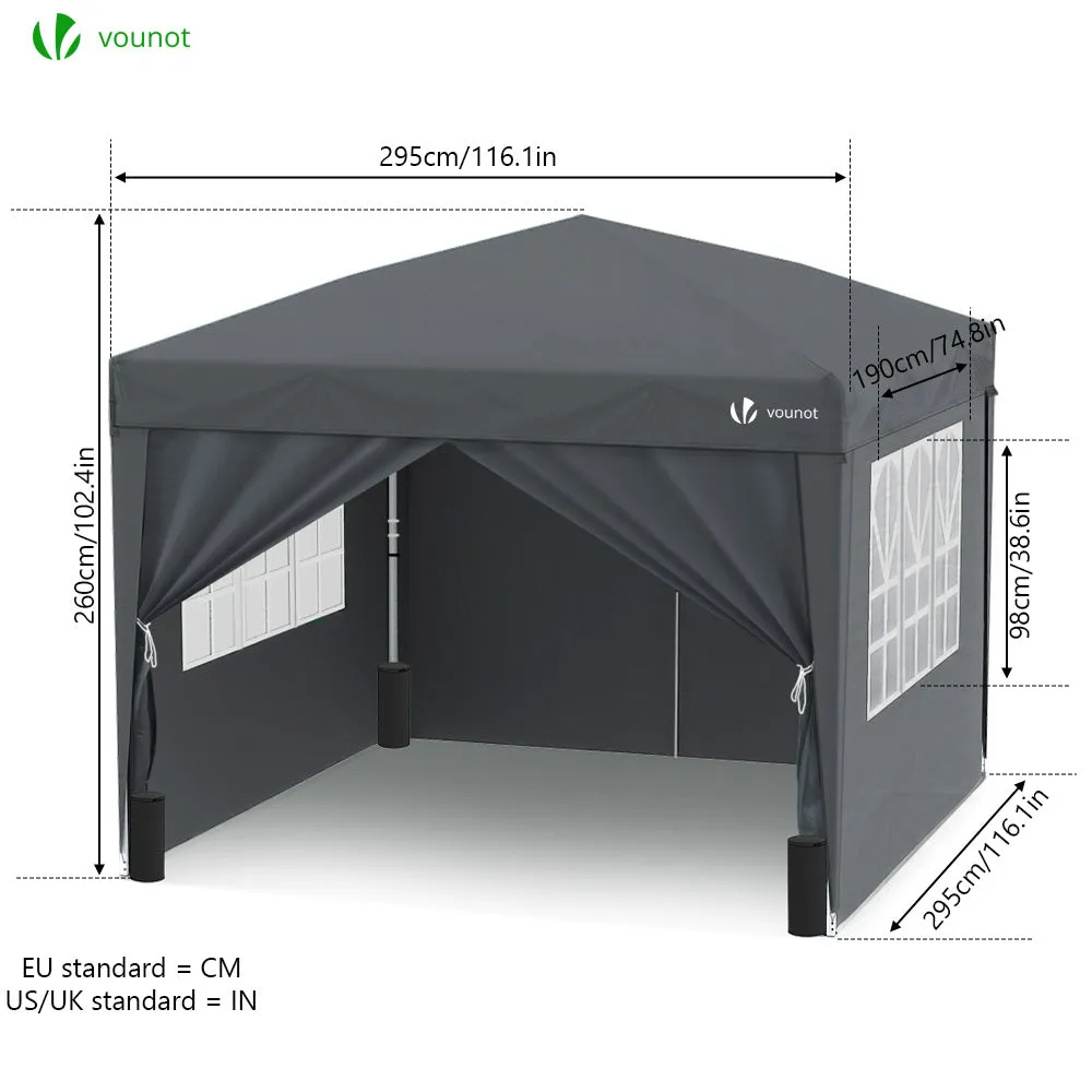 VOUNOT 3m x 3m Pop Up Gazebo with Sides & 4 Weight Bags & Carry Bag, Grey