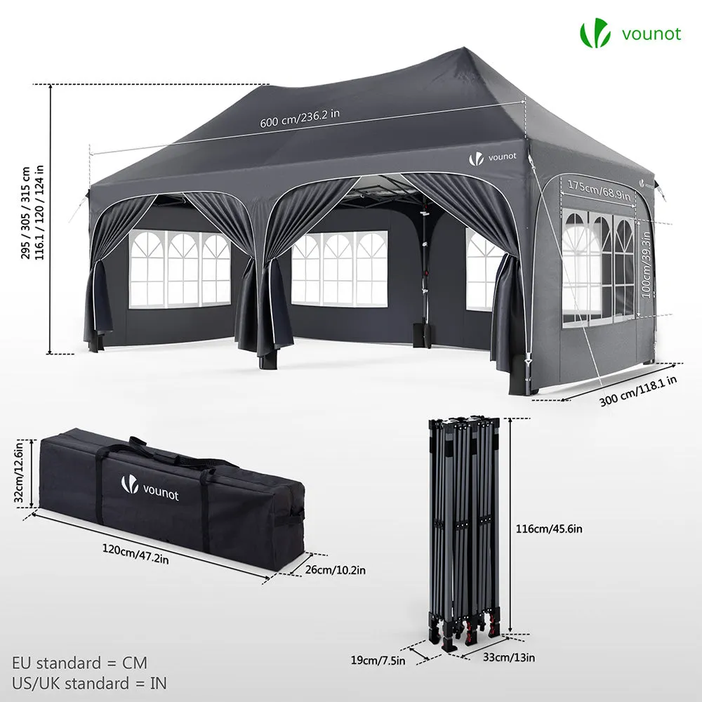 VOUNOT 3m x 6m Pop Up Gazebo with Sides & 6 Weight Bags & Carry Bag, Grey