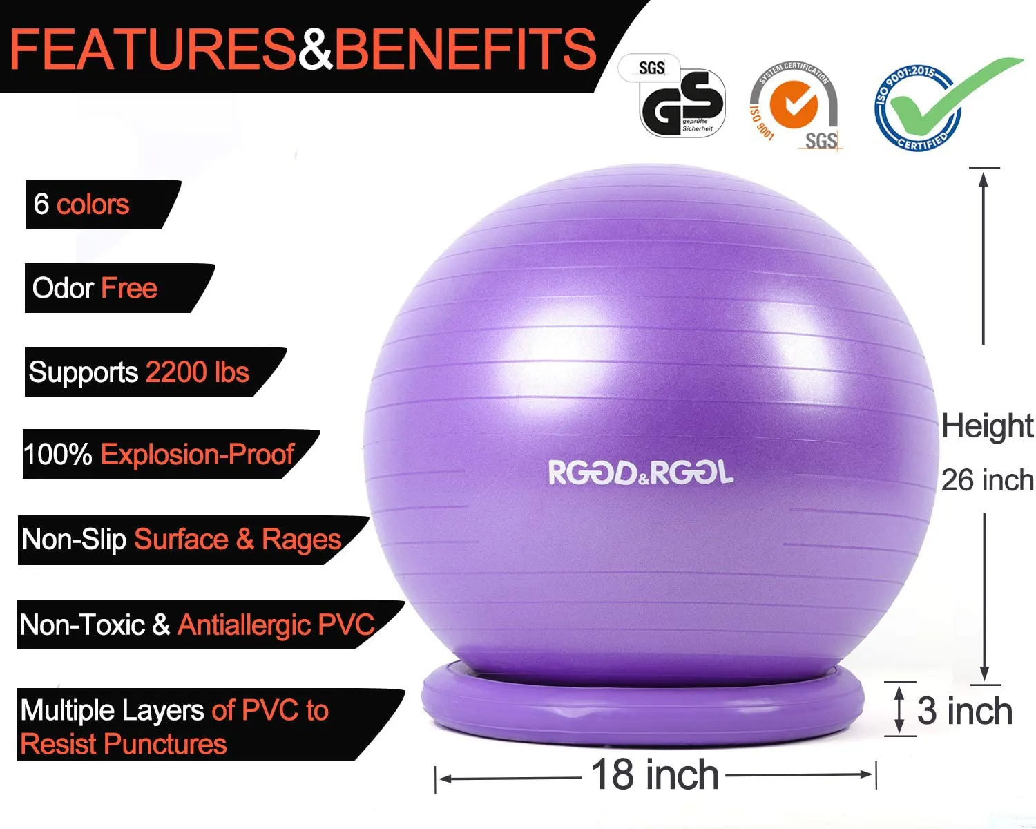 Yoga Ball Chair, RGGD&RGGL Exercise Ball with Leak-Proof Design, Stability Ring&2 Adjustable Resistance Bands for Any Fitness Level, 1.5 Times Thicker Swiss Ball for Home&Gym&Office&Pregnancy (65 cm)